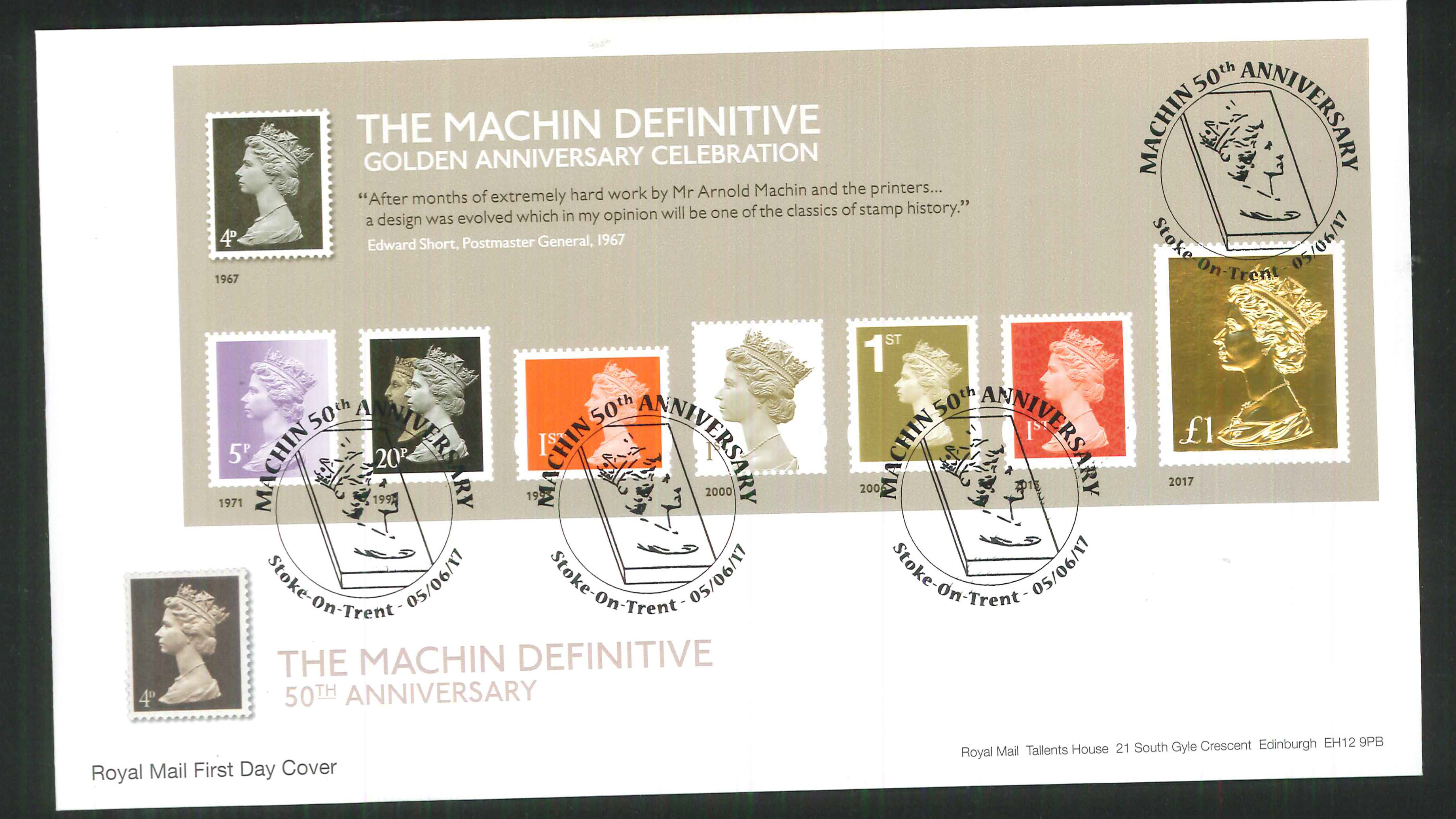 2017 - First Day Cover Machin Mini Sheet Gold 50th Anniv Stoke on Trent Postmark